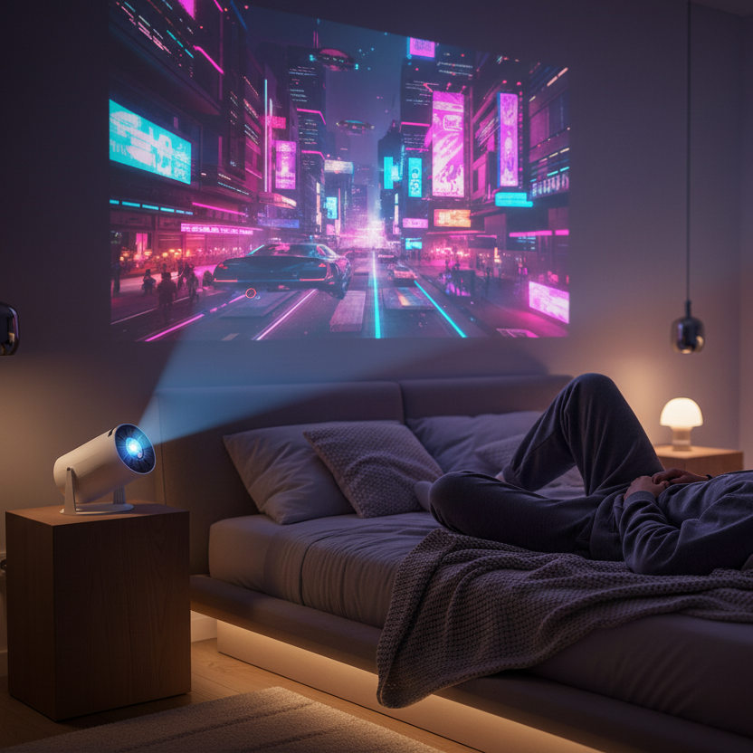 Person lying on a bed watching a futuristic cityscape projected onto the wall.