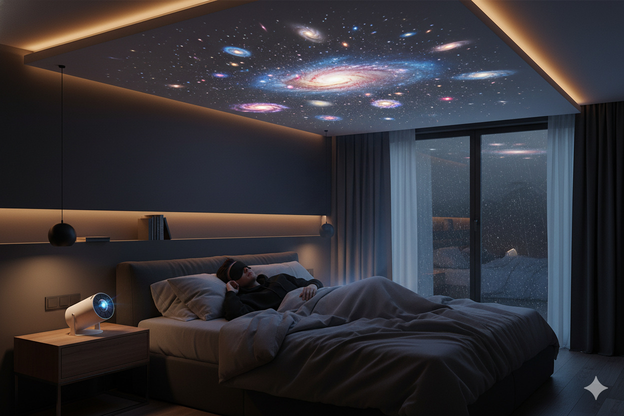 Bedroom with a starry night sky projection on the ceiling