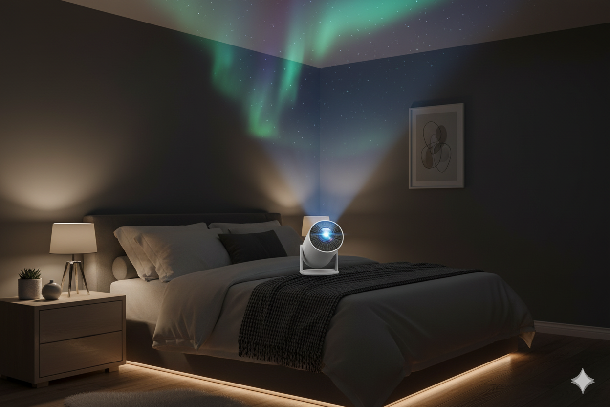 Projector in a bedroom projecting a starry night sky onto the wall.